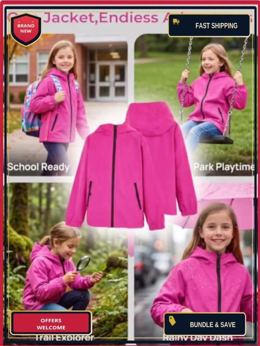 Girls Lightweight Zip Up Windbreaker Rain Jacket Hooded Water Repellent